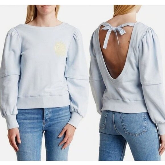 Ganni Isoli Bow Open Back Puff Sleeve Organic Cotton Sweatshirt XS Blue $215 - Picture 3 of 16